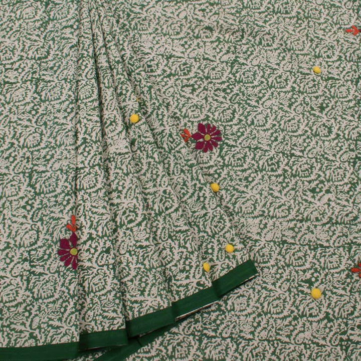 Hand Block Printed Embroidered Cotton Saree 10047291